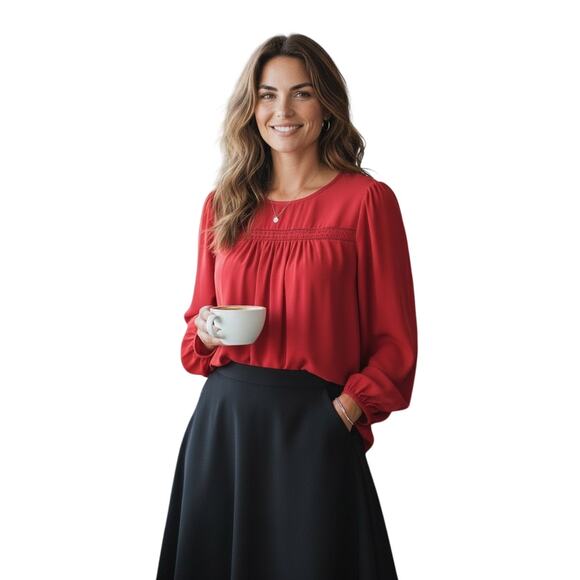 LOFT Pink Blouse Cutout Neckline Blouson Sleeves Shirred Bodice Size M EUC - Picture 7 of 7